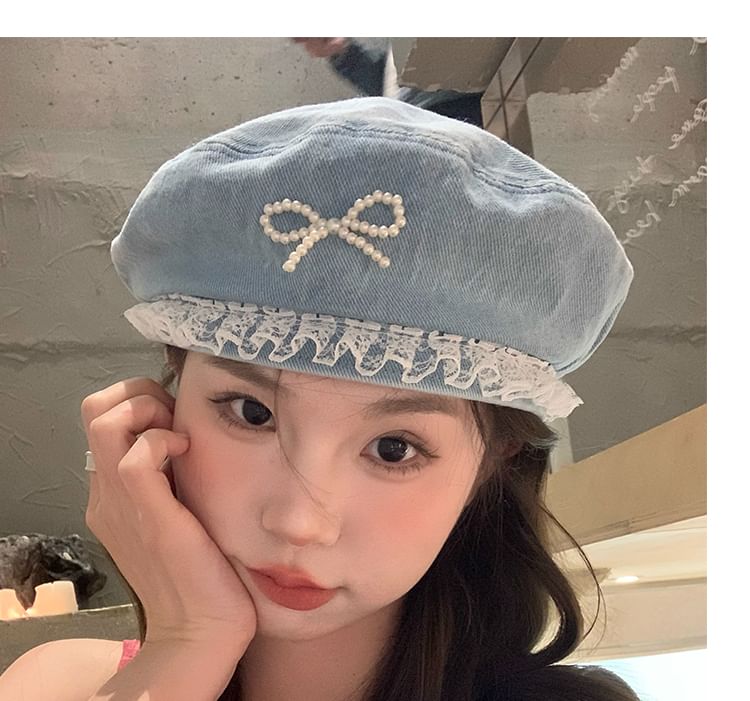 Trim Denim Faux Pearl Lace Beret Bow
