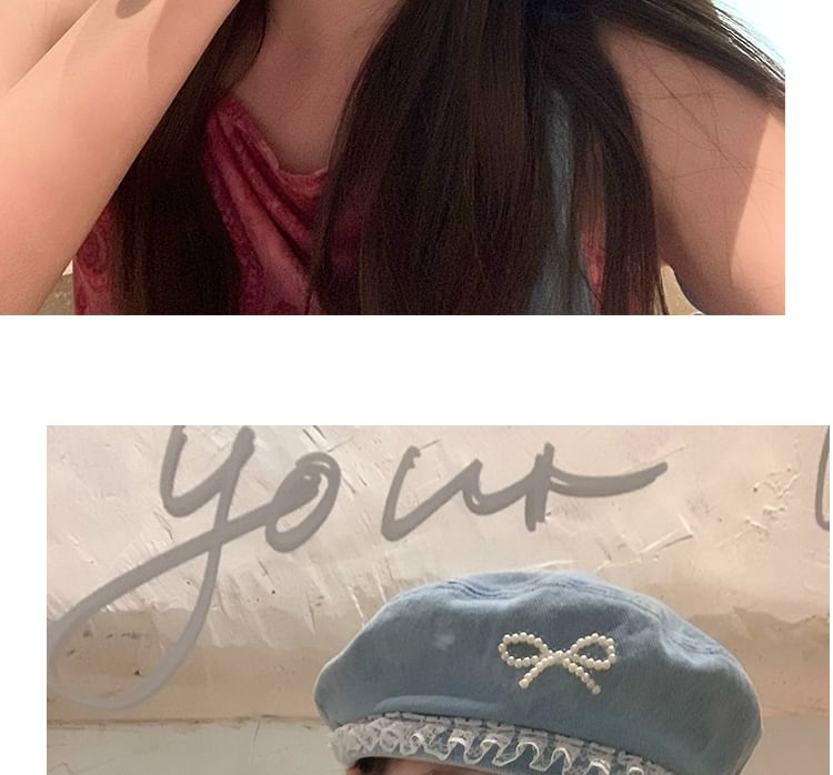 Trim Denim Faux Pearl Lace Beret Bow