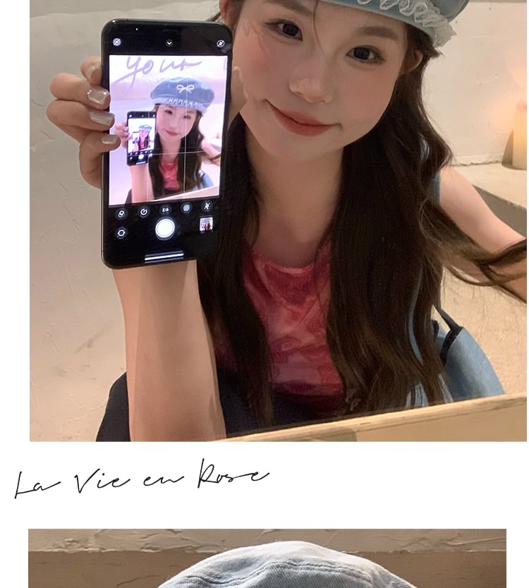 Trim Denim Faux Pearl Lace Beret Bow