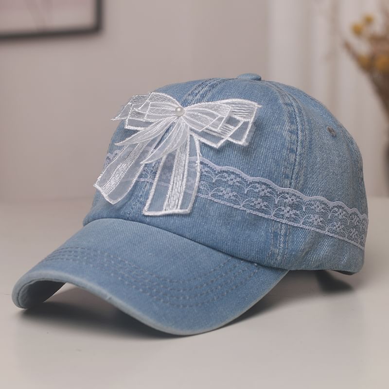 Pearl Baseball Trim Faux Denim Cap Lace Bow