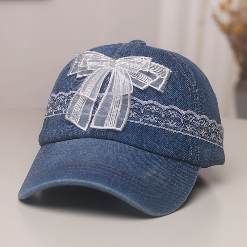 Pearl Baseball Trim Faux Denim Cap Lace Bow