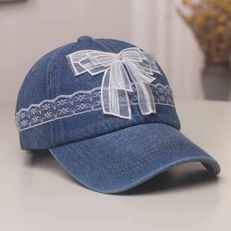 Pearl Baseball Trim Faux Denim Cap Lace Bow