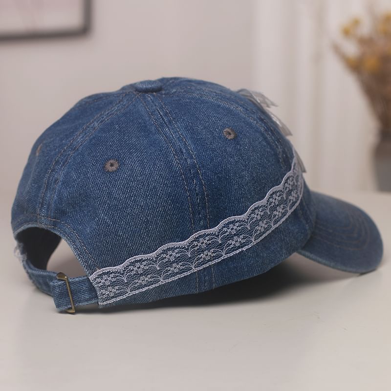 Pearl Baseball Trim Faux Denim Cap Lace Bow