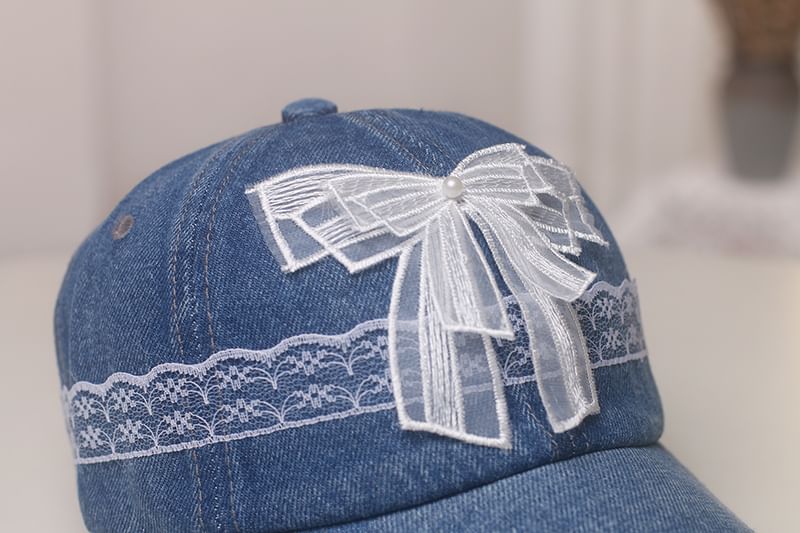 Pearl Baseball Trim Faux Denim Cap Lace Bow