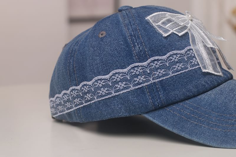 Pearl Baseball Trim Faux Denim Cap Lace Bow