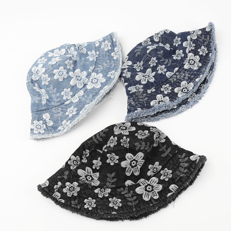 Print Bucket Denim Hat Floral Washed Frayed