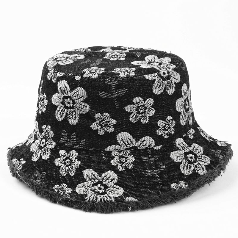 Print Bucket Denim Hat Floral Washed Frayed