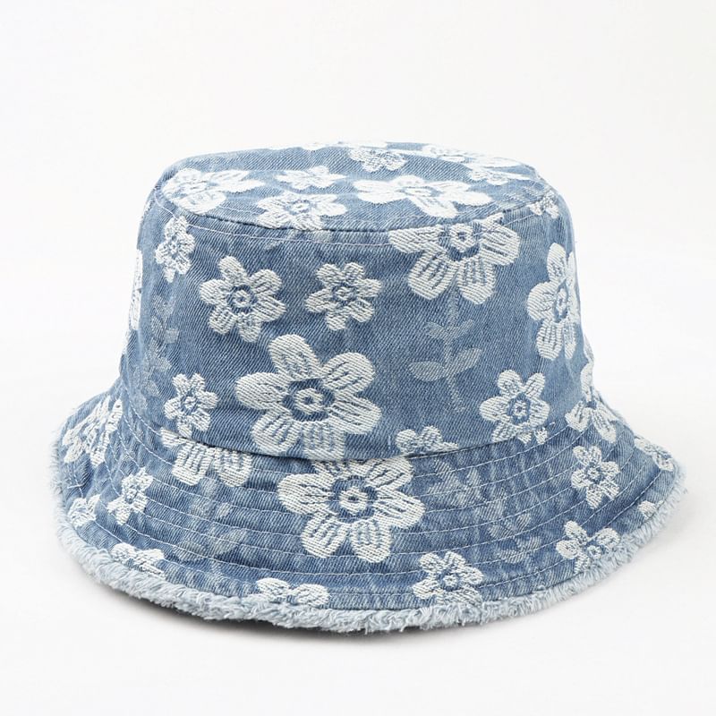 Print Bucket Denim Hat Floral Washed Frayed