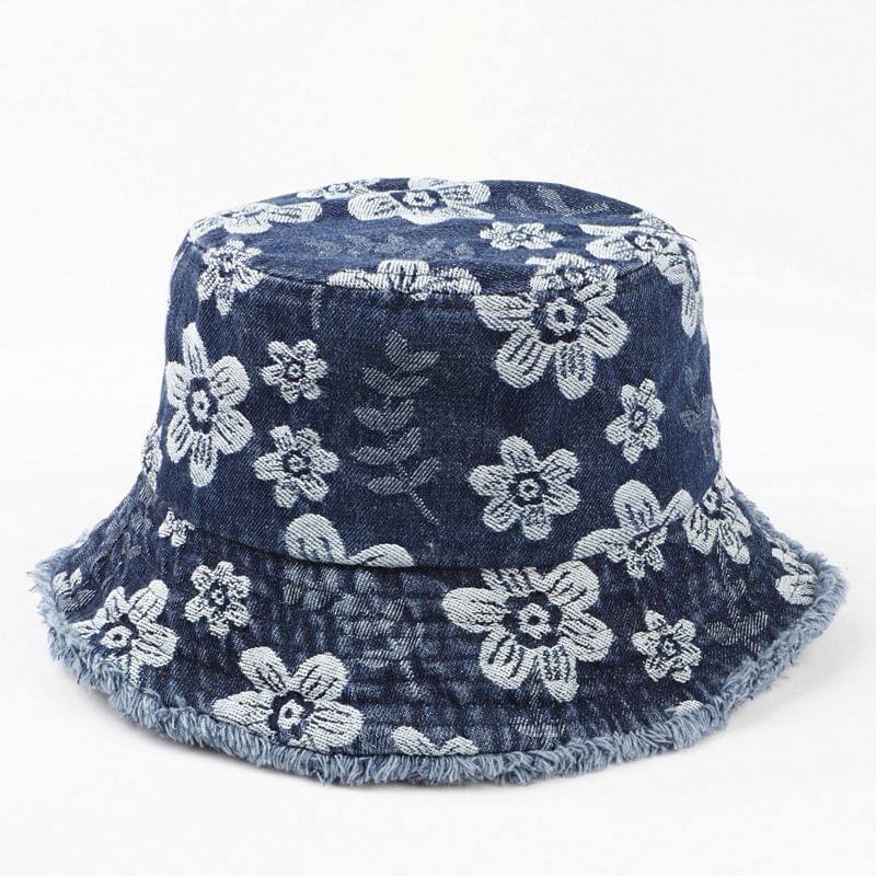 Print Bucket Denim Hat Floral Washed Frayed