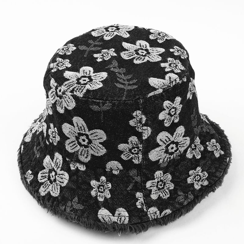 Print Bucket Denim Hat Floral Washed Frayed