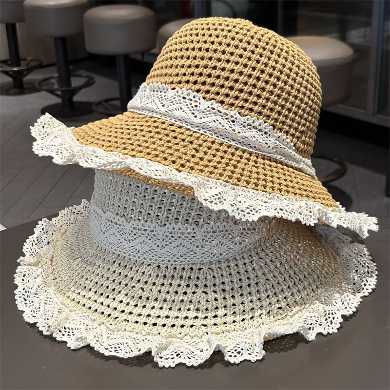 Sun Trim Knit Hat Lace Perforated