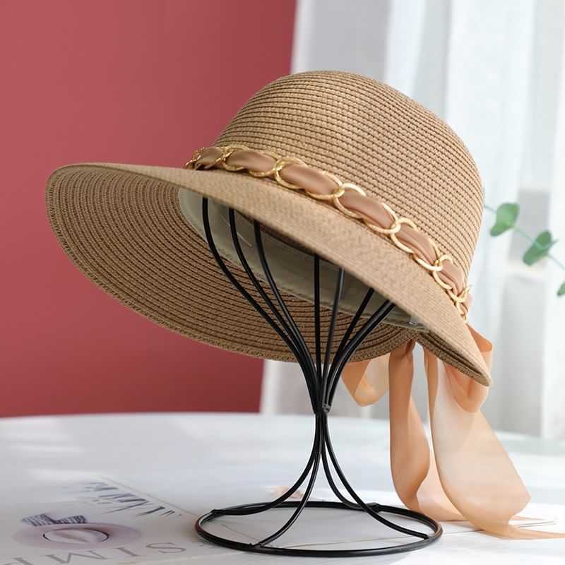 Sun Straw Bow Chained Hat