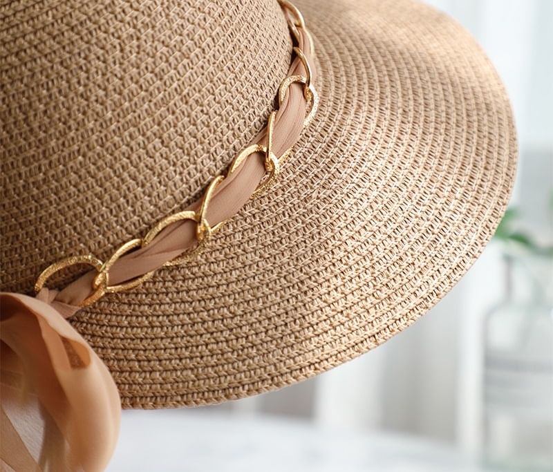 Sun Straw Bow Chained Hat