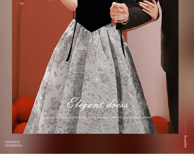 Short-Sleeve Evening A-Line Gown Square Neck Lace