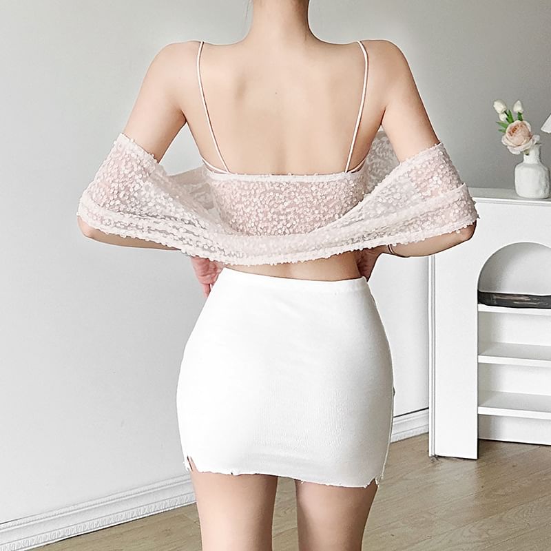 Hooded Plain Sequin Top Mesh Bustier