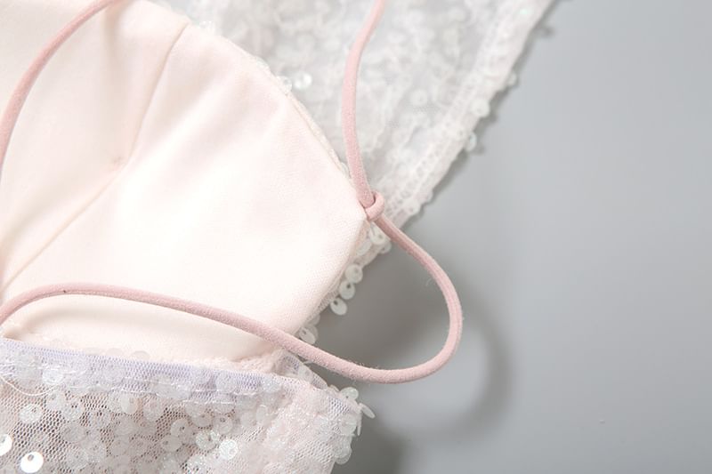 Hooded Plain Sequin Top Mesh Bustier