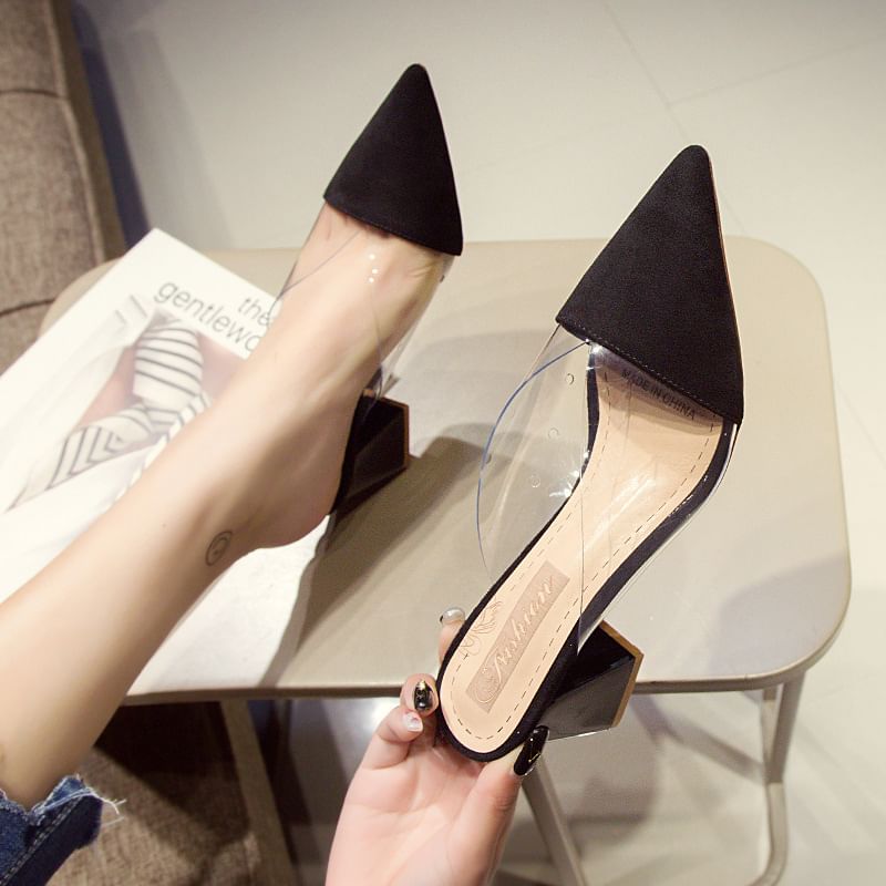 Toe Heel Panel Mules Transparent Pointed Block