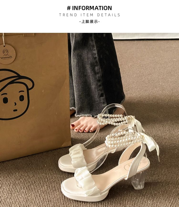 Pearl Block Ankle Platform Heel Faux Tie-Up Sandals Strap