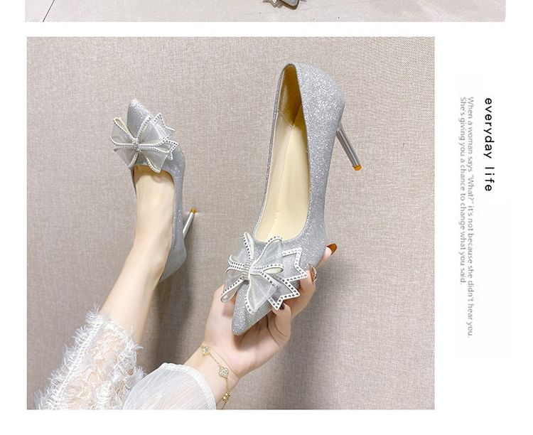 Stiletto Toe Pumps Bow Rhinestone Glitter Pointed