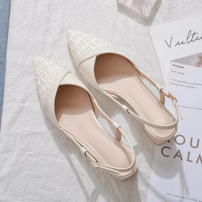Pumps Block Heel Panel Slingback Tweed Toe Pointed