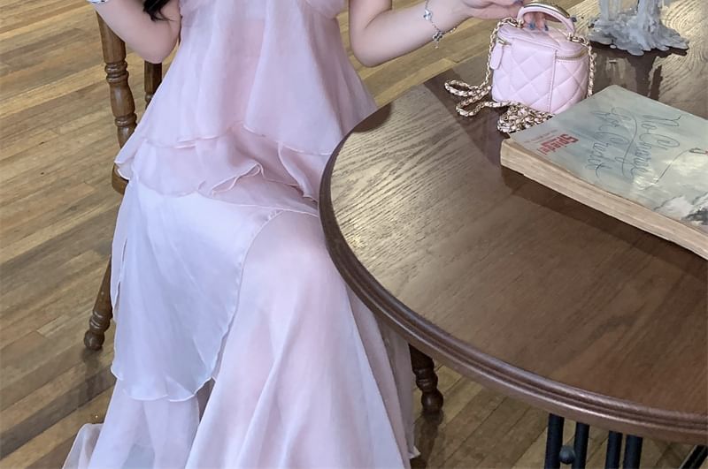 / Cami V-Neck Plain Skirt A-Line Top Flowy Maxi