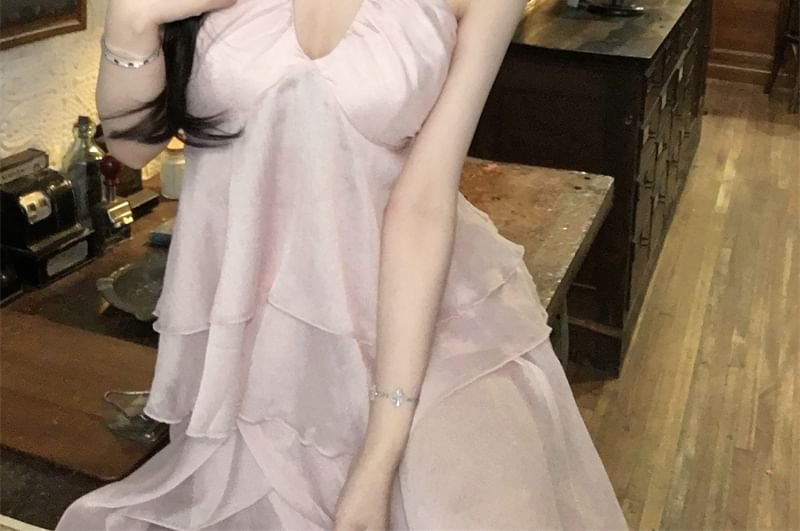 / Cami V-Neck Plain Skirt A-Line Top Flowy Maxi