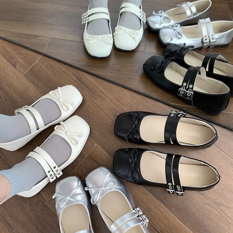 Flats Leather Faux Jane Square Accent Plain Bow Mary Toe