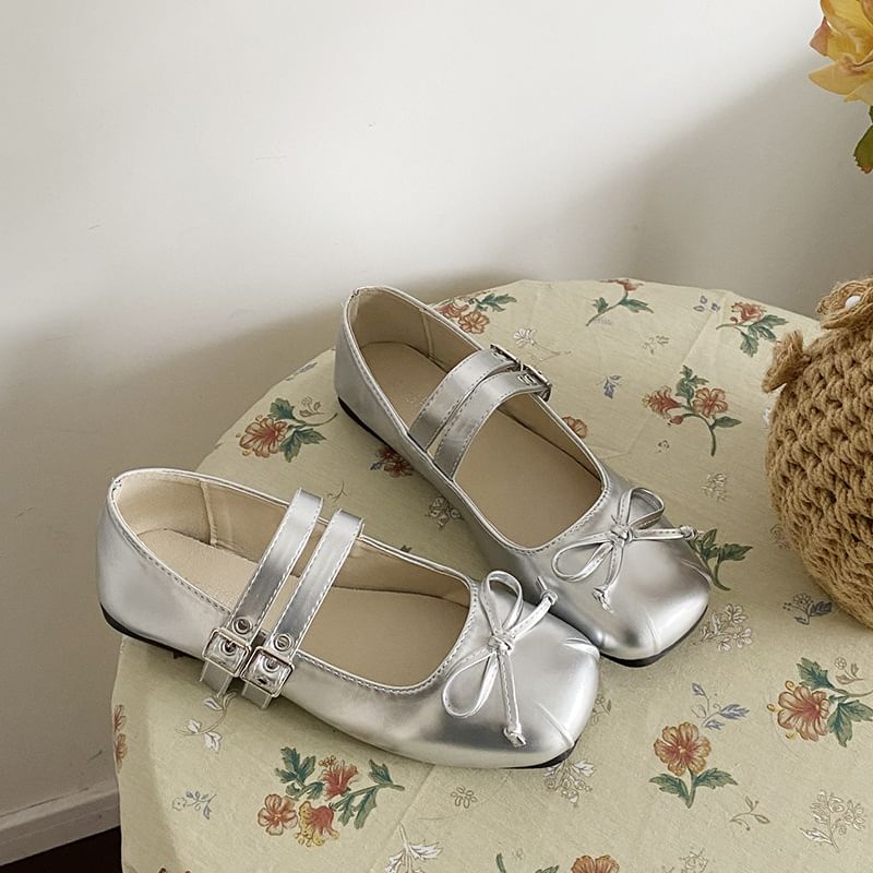 Flats Leather Faux Jane Square Accent Plain Bow Mary Toe