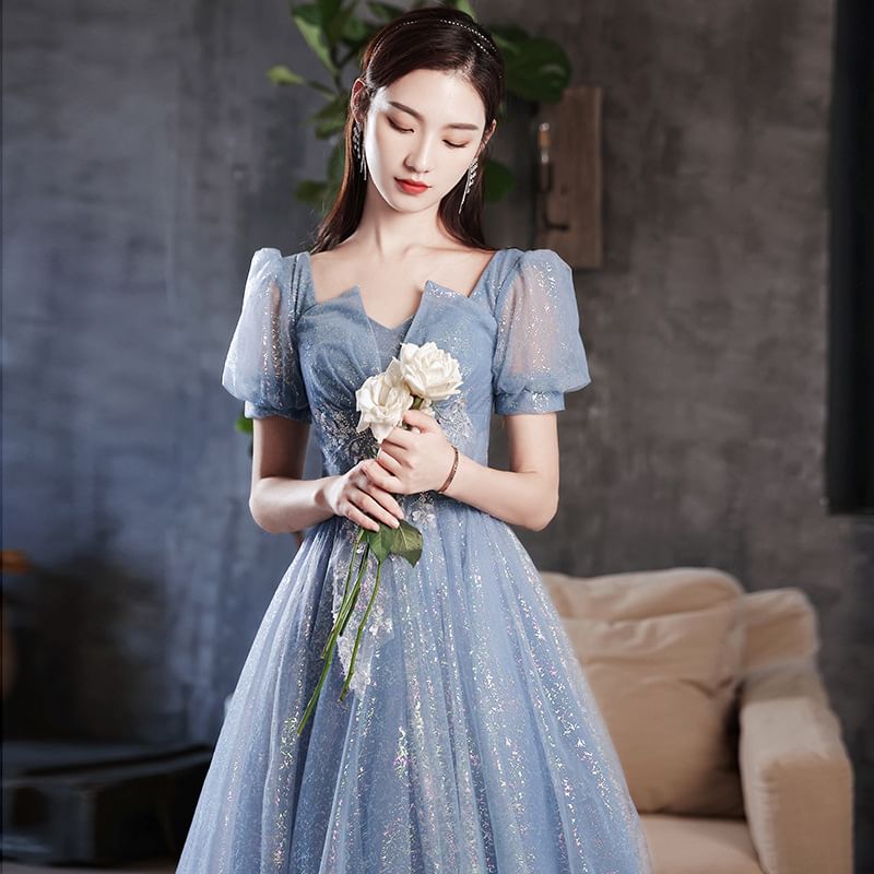 Evening Glitter Short-Sleeve Square Neck A-Line Gown