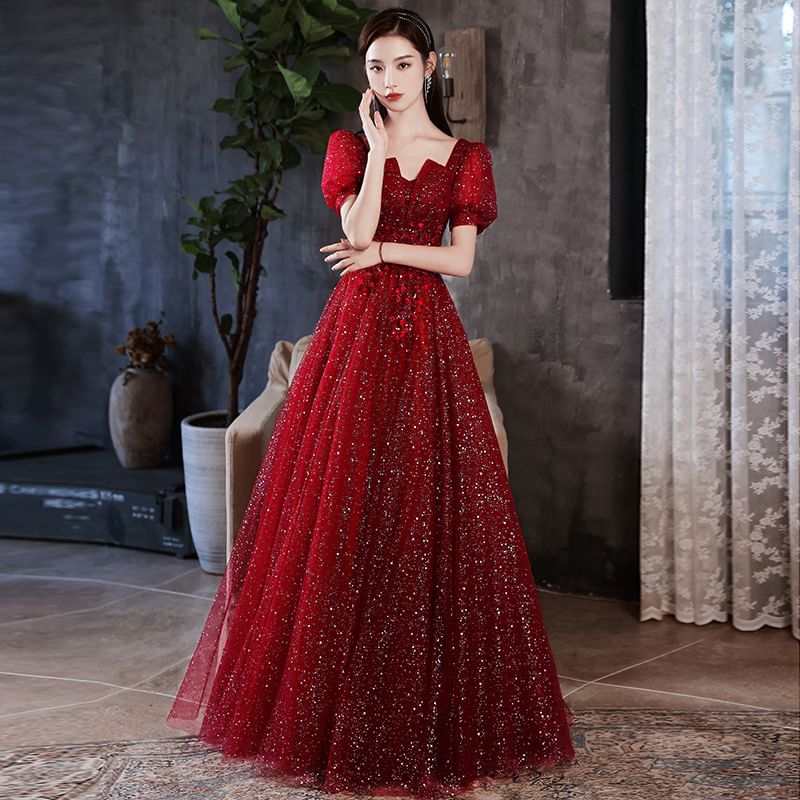 Evening Glitter Short-Sleeve Square Neck A-Line Gown