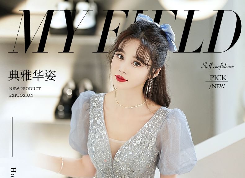 Gown Glitter A-Line Short-Sleeve Designs) (Various V-Neck Evening