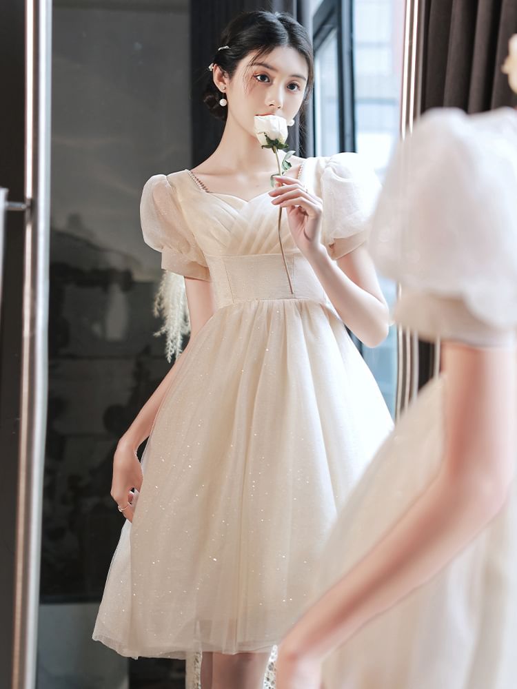 Evening Dress A-Line Short-Sleeve Party Gown / Glitter V-Neck