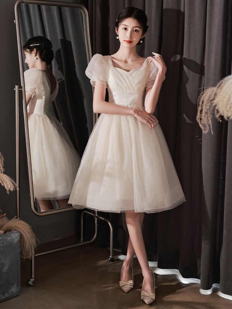 Evening Dress A-Line Short-Sleeve Party Gown / Glitter V-Neck