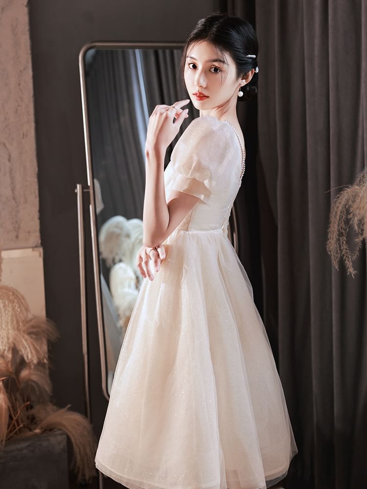 Evening Dress A-Line Short-Sleeve Party Gown / Glitter V-Neck