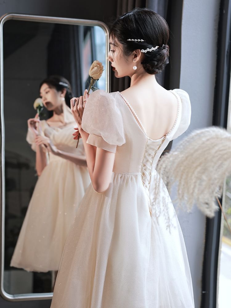 Evening Dress A-Line Short-Sleeve Party Gown / Glitter V-Neck