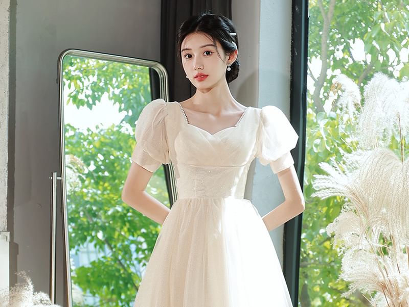 Evening Dress A-Line Short-Sleeve Party Gown / Glitter V-Neck