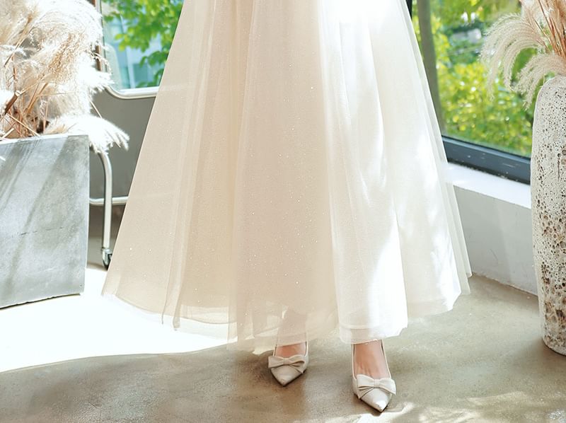 Evening Dress A-Line Short-Sleeve Party Gown / Glitter V-Neck