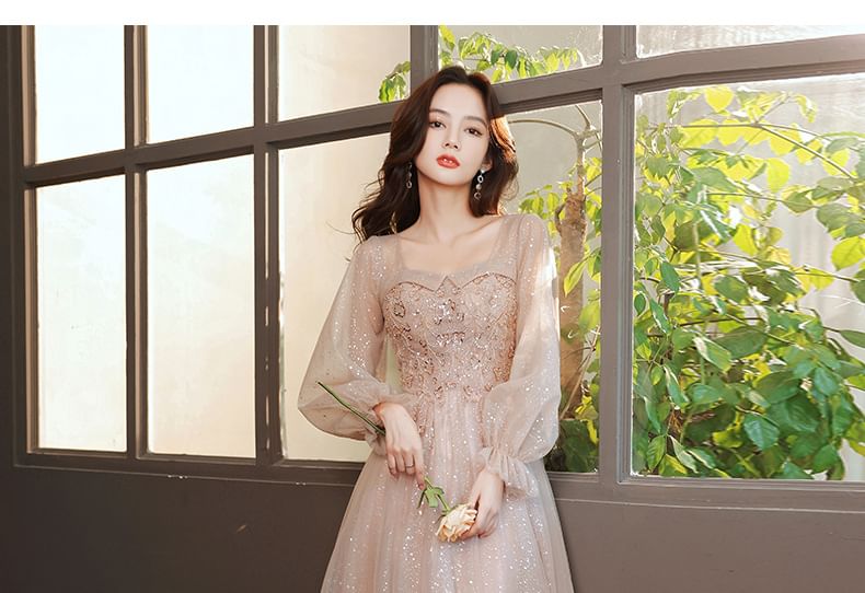 A-Line Gown V-Neck (Various Long-Sleeve Designs) Evening Glitter