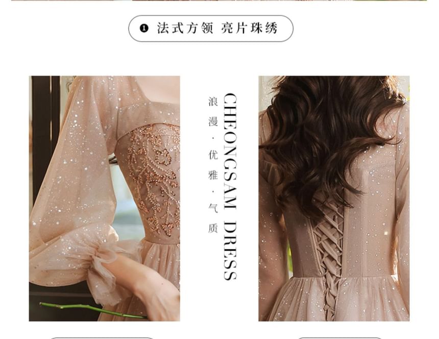 A-Line Gown V-Neck (Various Long-Sleeve Designs) Evening Glitter