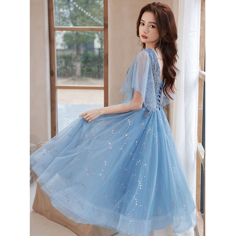 V-Neck Designs) Glitter A-Line Gown (Various Evening Short-Sleeve