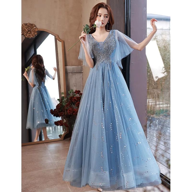 V-Neck Designs) Glitter A-Line Gown (Various Evening Short-Sleeve