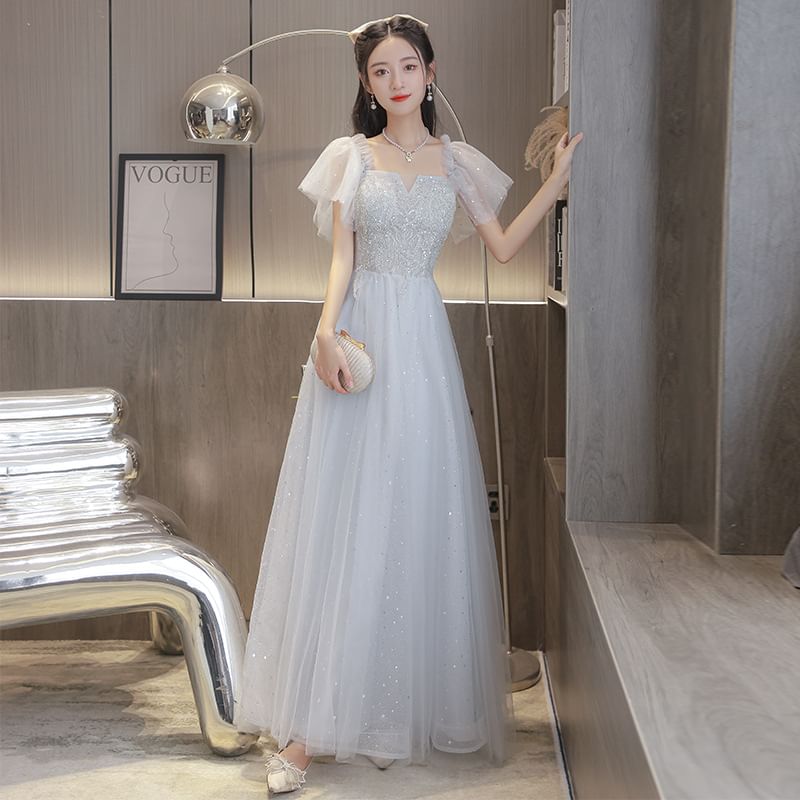 Square Plain Gown (Various A-Line Designs) Short-Sleeve Neck Evening