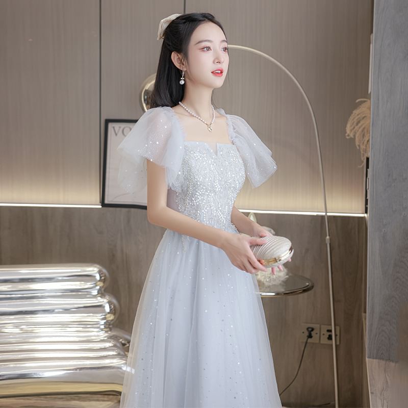 Square Plain Gown (Various A-Line Designs) Short-Sleeve Neck Evening