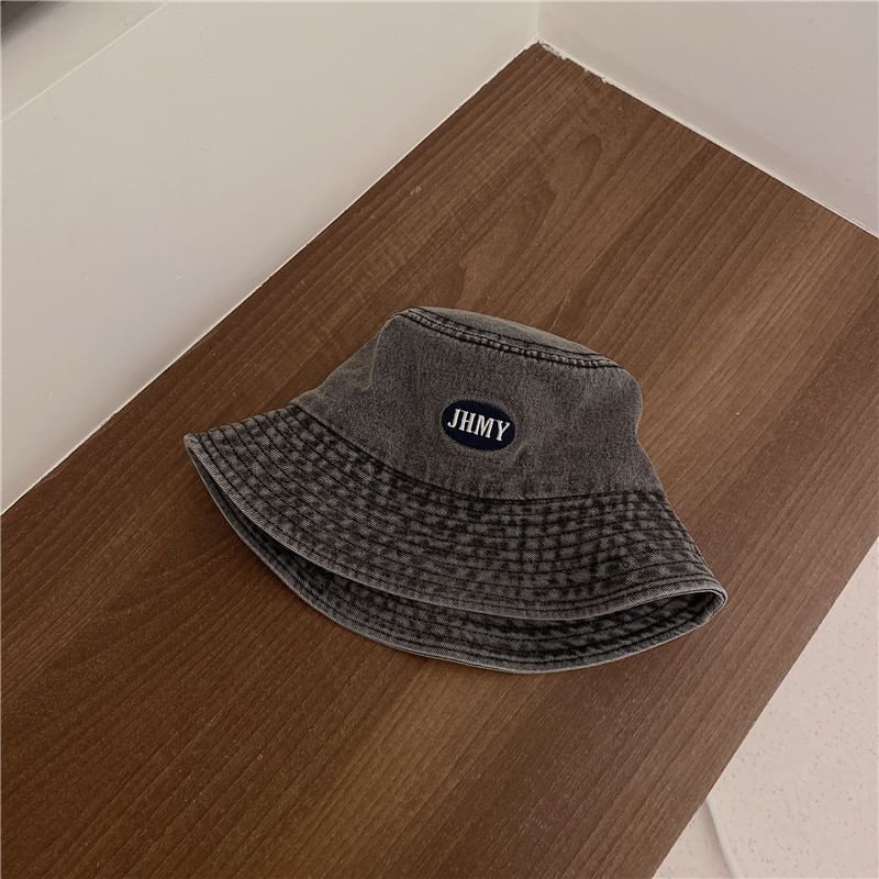Bucket Embroidered Lettering Denim Hat Washed