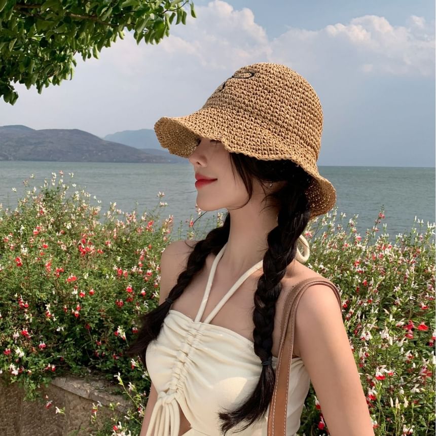 Straw Sun Embroidered Bow Hat