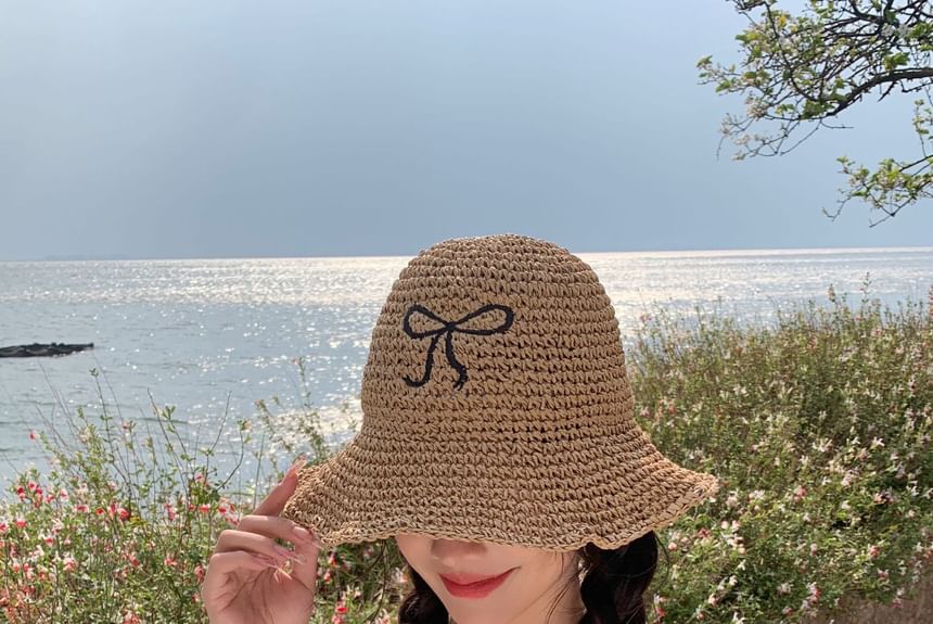 Straw Sun Embroidered Bow Hat