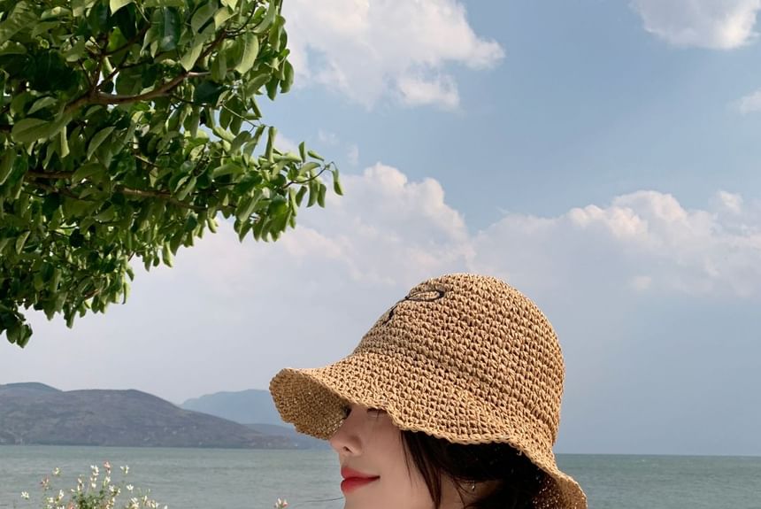Straw Sun Embroidered Bow Hat
