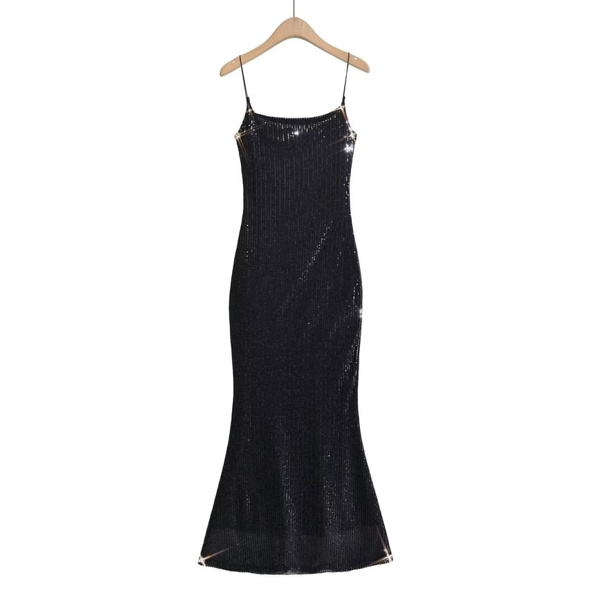 Neck Spaghetti Mermaid Evening Open Gown Back Sequin Strap Scoop