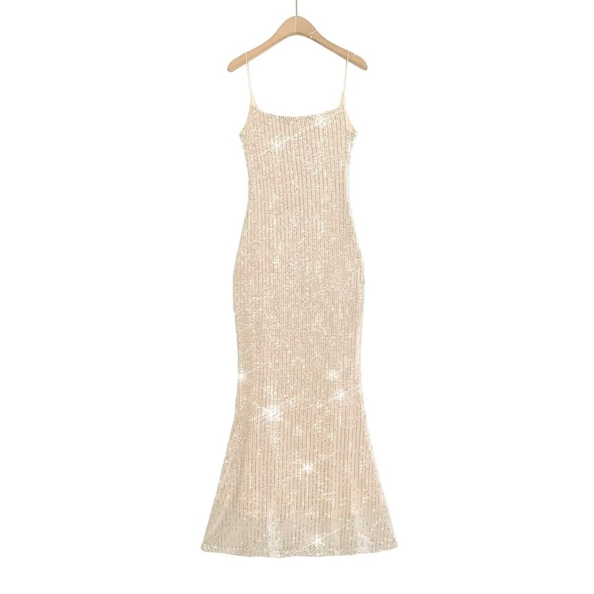Neck Spaghetti Mermaid Evening Open Gown Back Sequin Strap Scoop