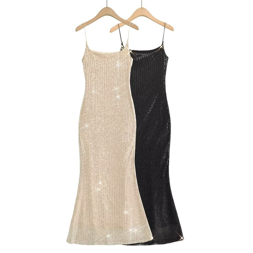 Neck Spaghetti Mermaid Evening Open Gown Back Sequin Strap Scoop